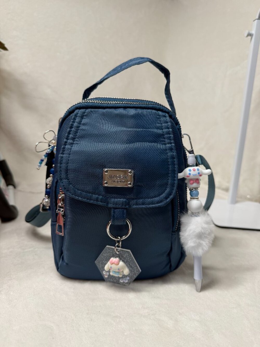 Navy Crossbody Bag with Handmade Dragonfly Charm & Kuromi Pen